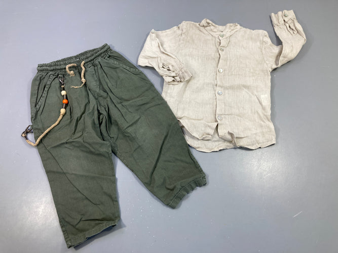 Ensemble Chemise m.l style lin beige + Pantalon  kaki avec déco perles, moins cher chez Petit Kiwi