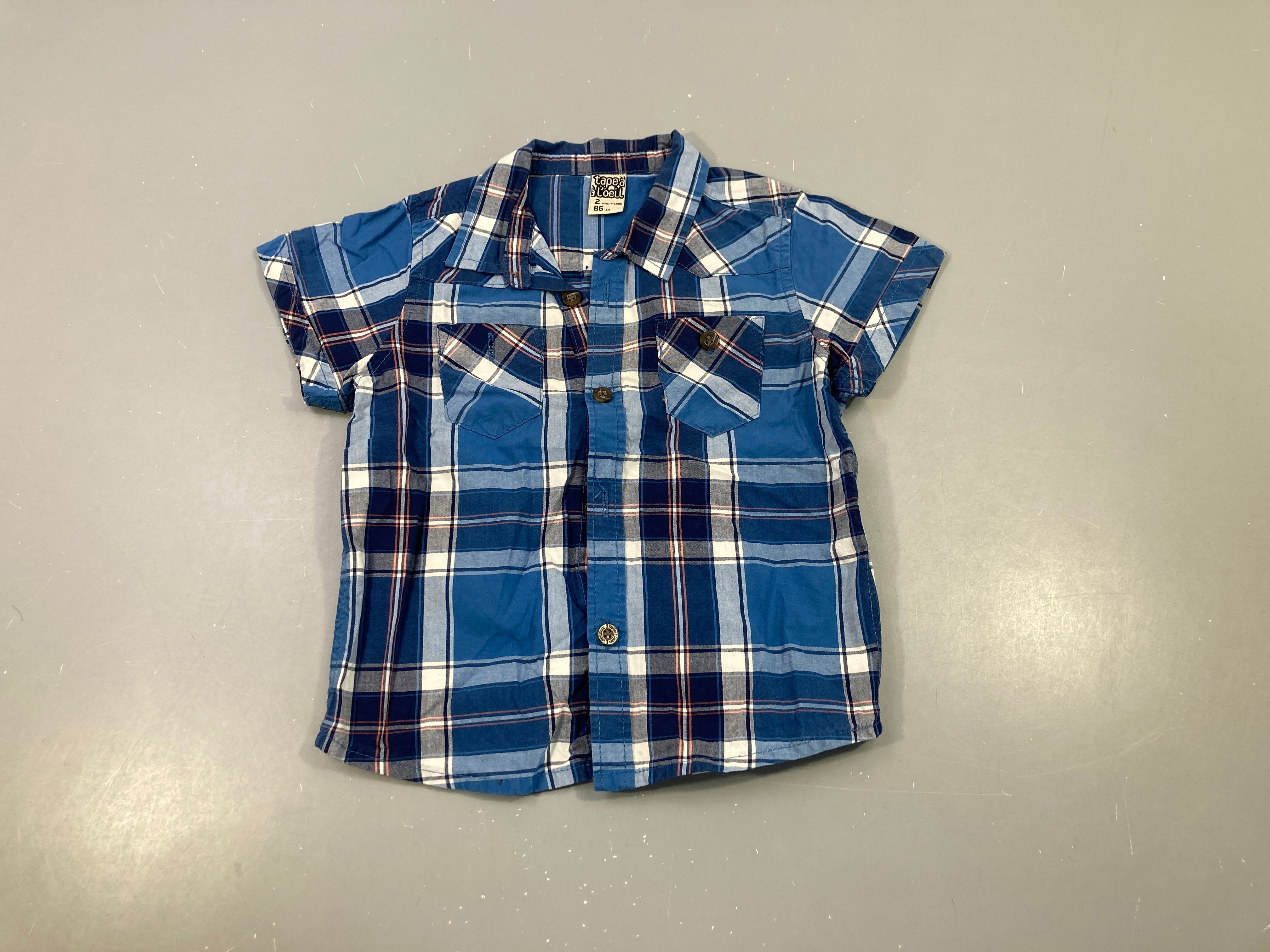 Chemise m.c à carreaux bleu, blanc , saumon
