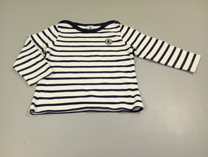 T-shirt m.l blanc rayé bleu marine , voilier, très légèrement bouloché, moins cher chez Petit Kiwi