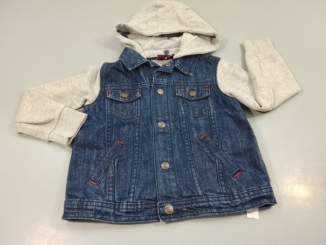 Veste à capuche amovible  bi-matière, jean et molleton gris chiné légèrement bouloché, moins cher chez Petit Kiwi