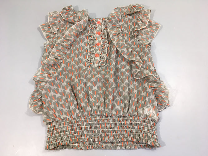 Blouse s.m tissu léger imprimé coeurs kaki et orange, volants, bas élastiqué, moins cher chez Petit Kiwi