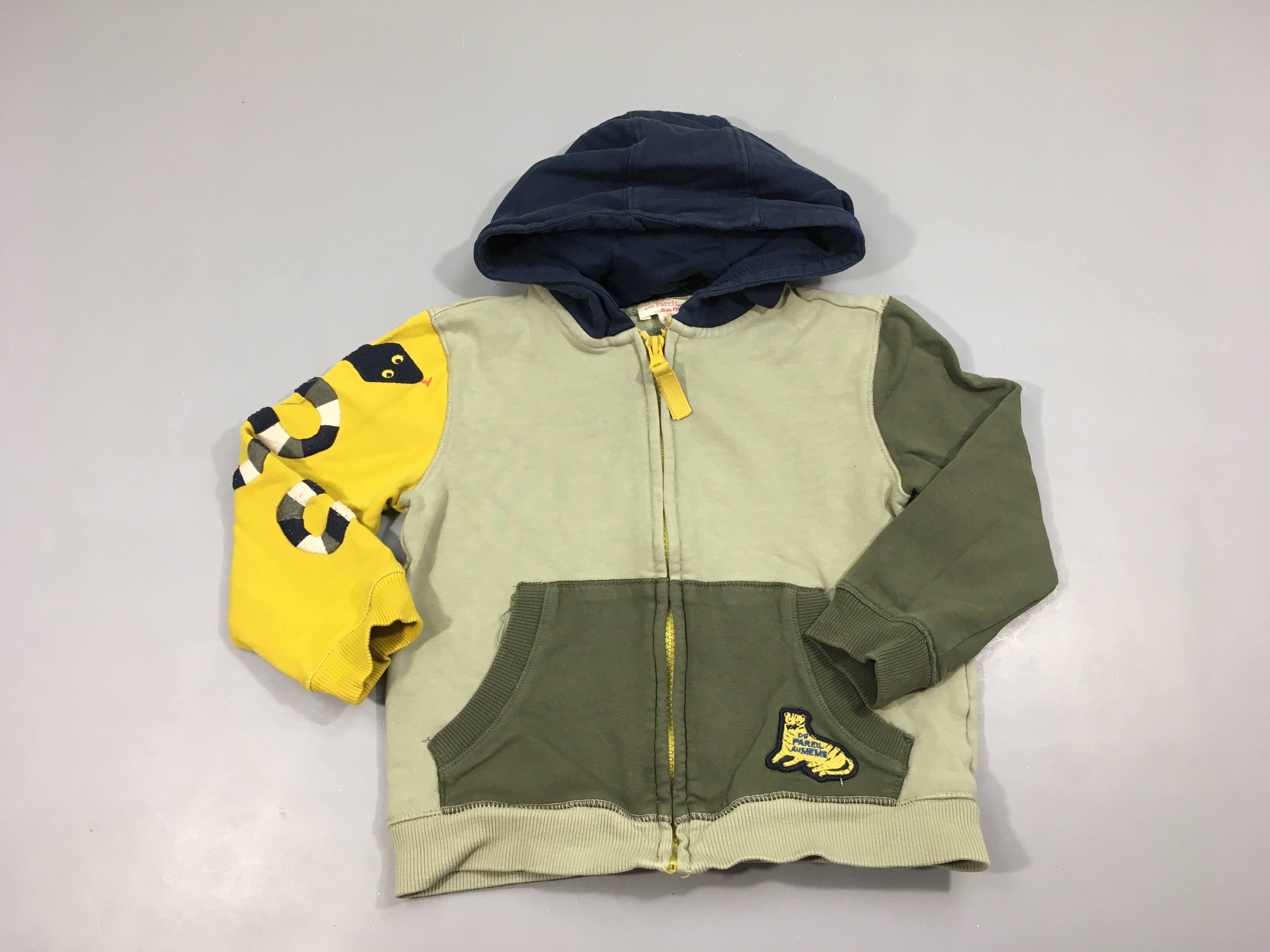 Sweat zippé à capuche kaki/bleu serpent manche