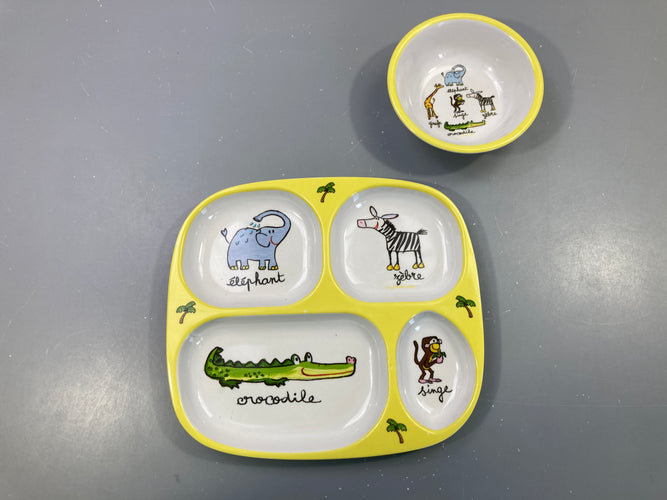 Assiette blanc-jaune 4 compartiments animaux + Bol - chaise longue, moins cher chez Petit Kiwi