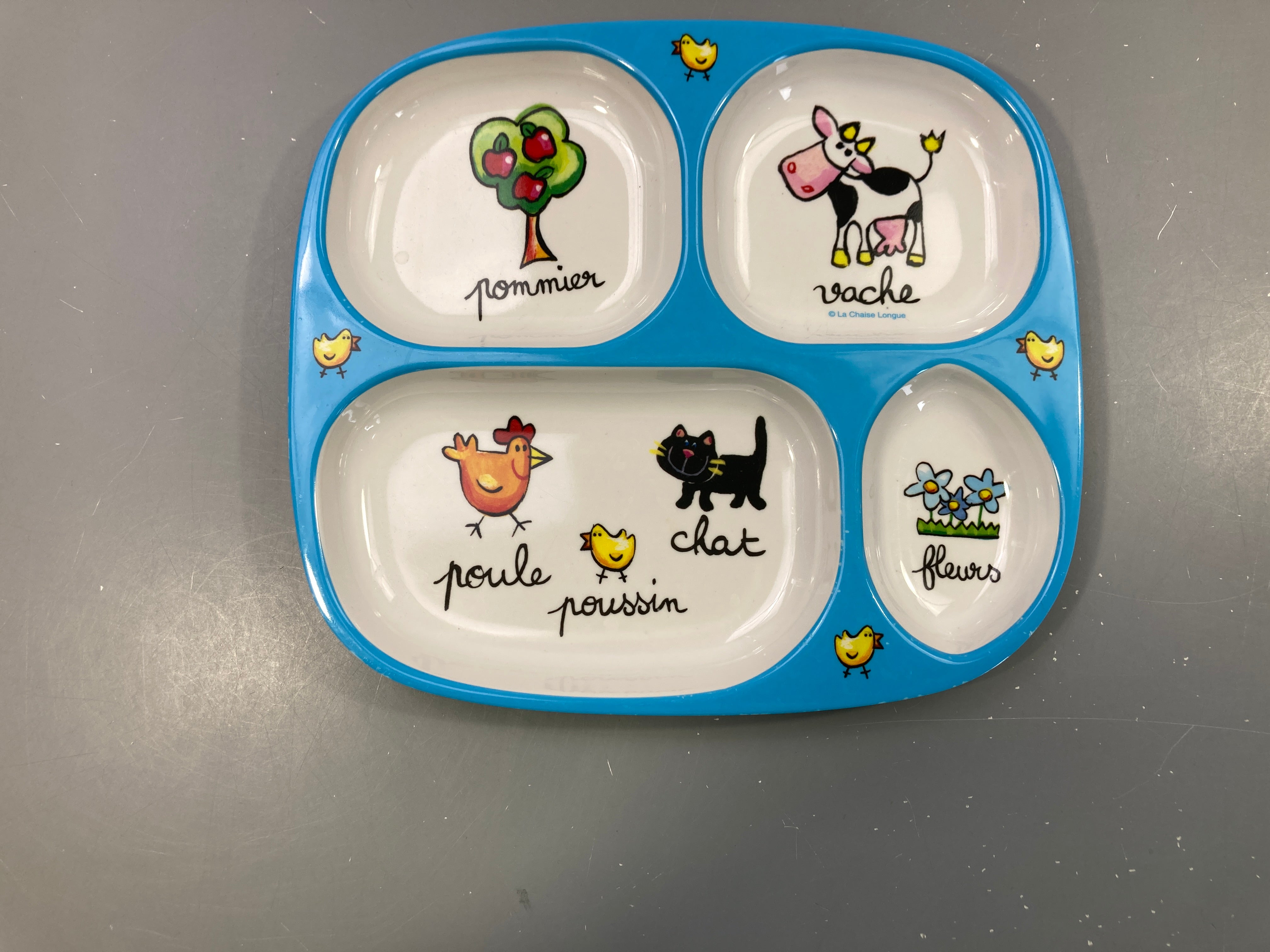 Assiette blanc-bleu 4 compartiments animaux - chaise longue