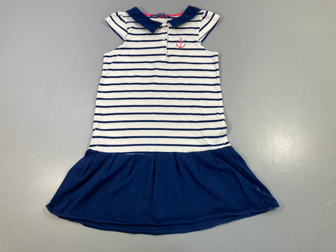 Robe m.c jersey blanc rayé bleu foncé encre, légèrement bouloché, moins cher chez Petit Kiwi
