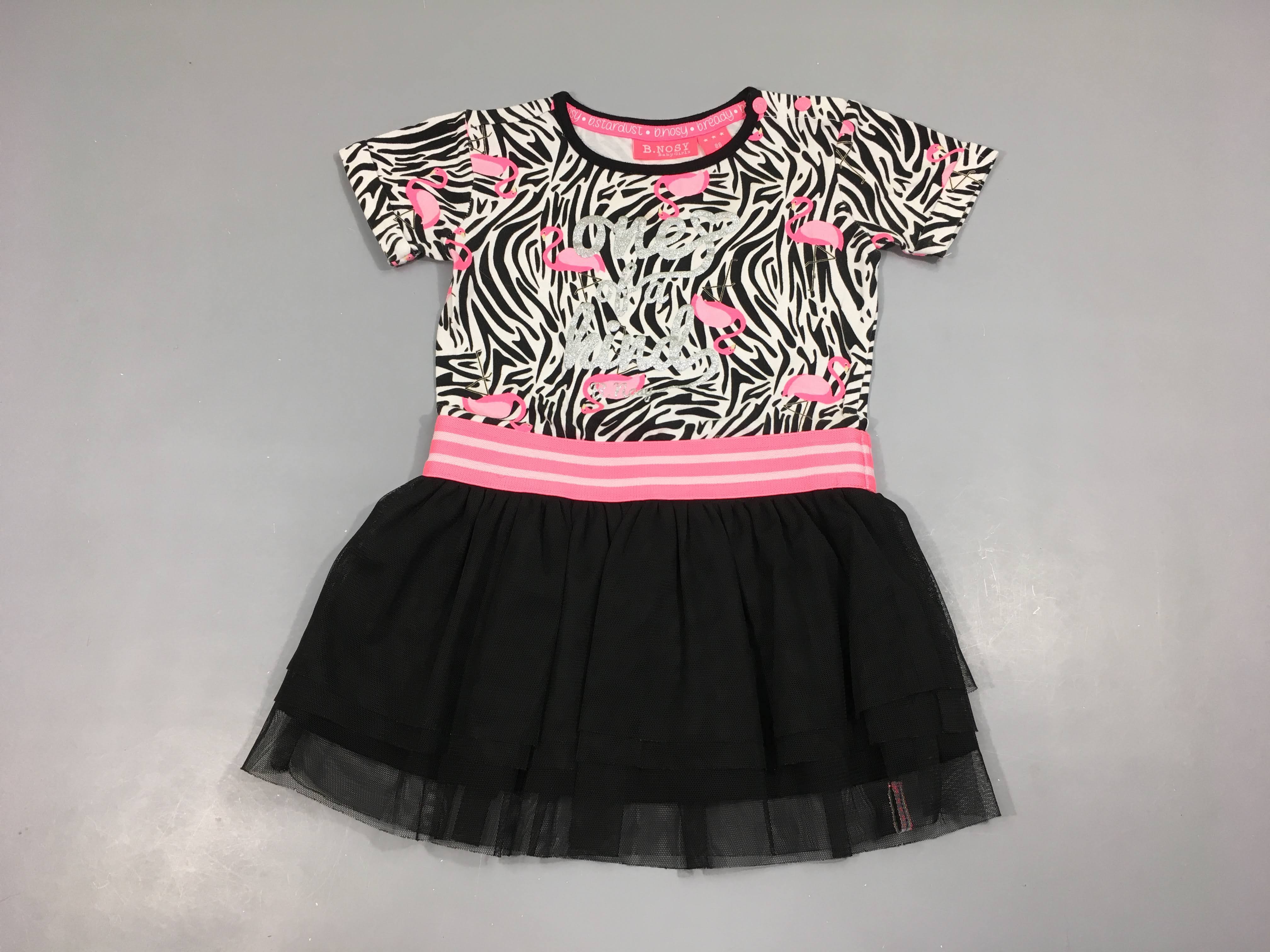 Robe m.c jersey haut blanc zébré flament rose/Bas tulle noire B. Nosy