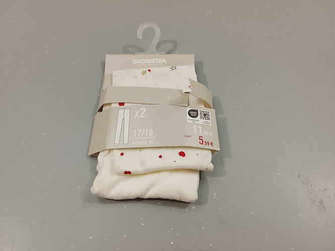 NEUF 2 paires de bas blanc uni/  blanc à motifs coeurs, étoiles,...Denier 40  (17/18), moins cher chez Petit Kiwi