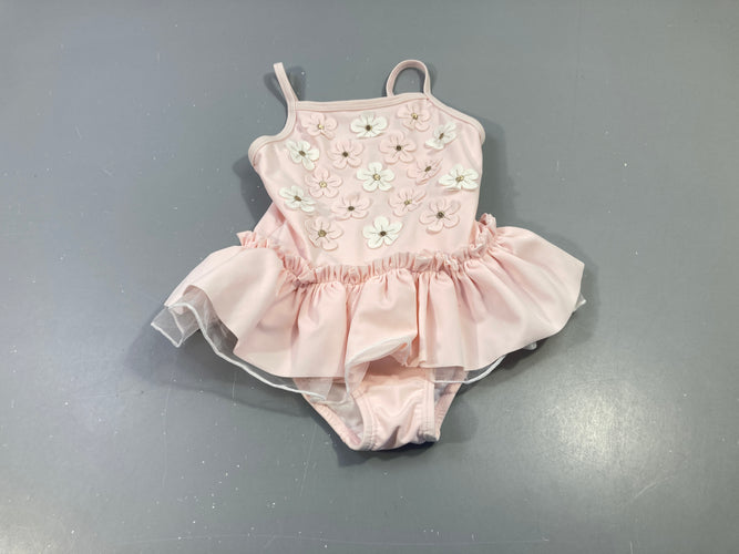 Maillot rose pâle volant, fleurs appliquées, moins cher chez Petit Kiwi