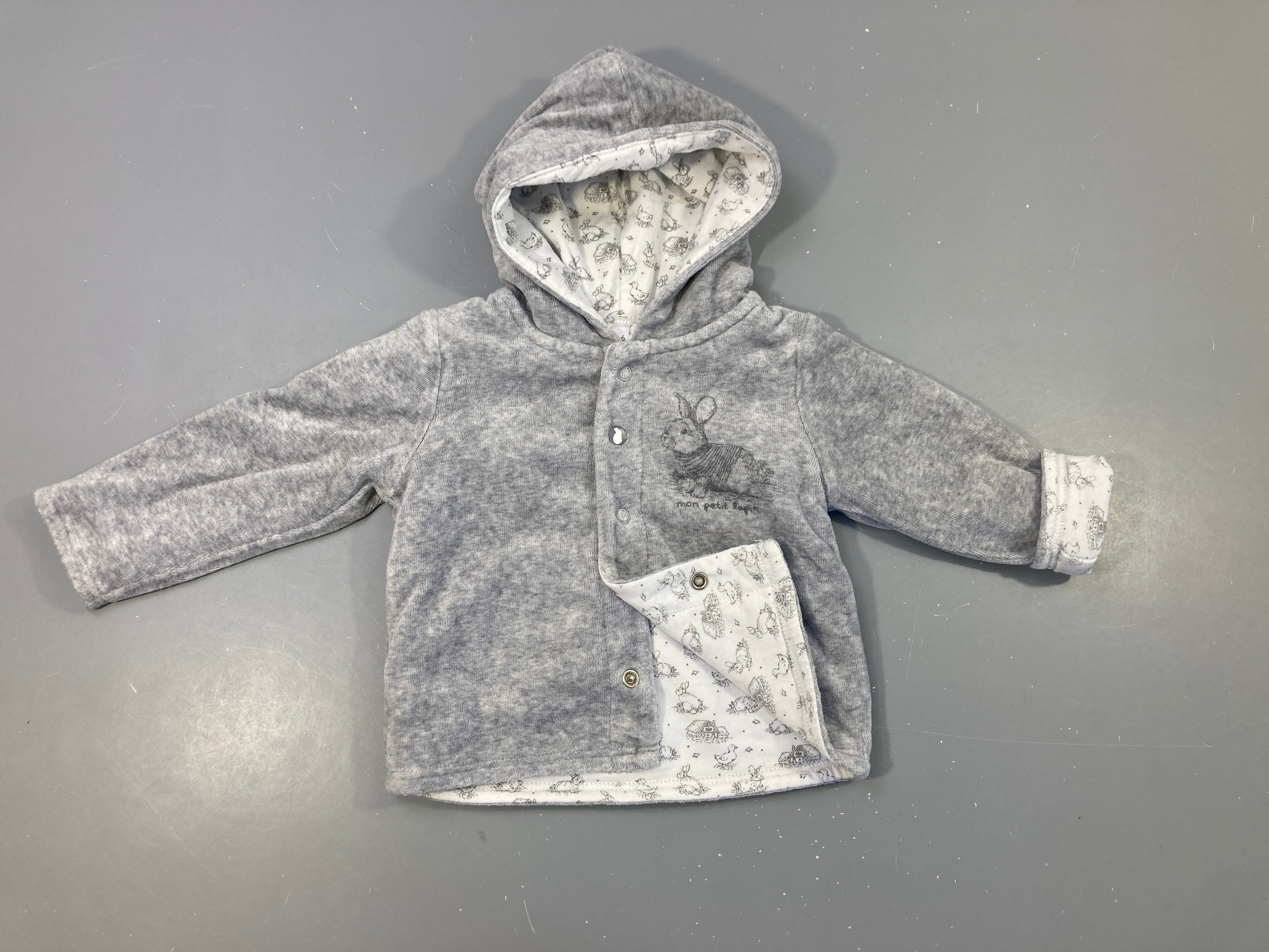 Gilet velours gris à capuche doublé jersey lapin
