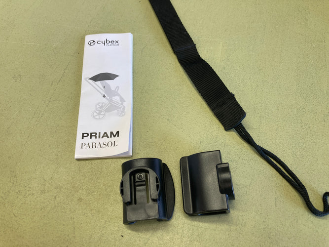 Bon état génréral-Poussette bleu-noir Cybex "Priam 3" (2019-2021) avec Nacelle + Assise + Chancelière Cybex platinum + Habillage de pluie + Ombrelle (avec deux accessoires neufs plastique de remplacement) + Planche à roulettes, moins cher chez Petit Kiwi