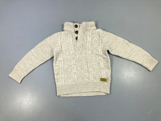 Pull beige chiné col teddy boutonné, moins cher chez Petit Kiwi