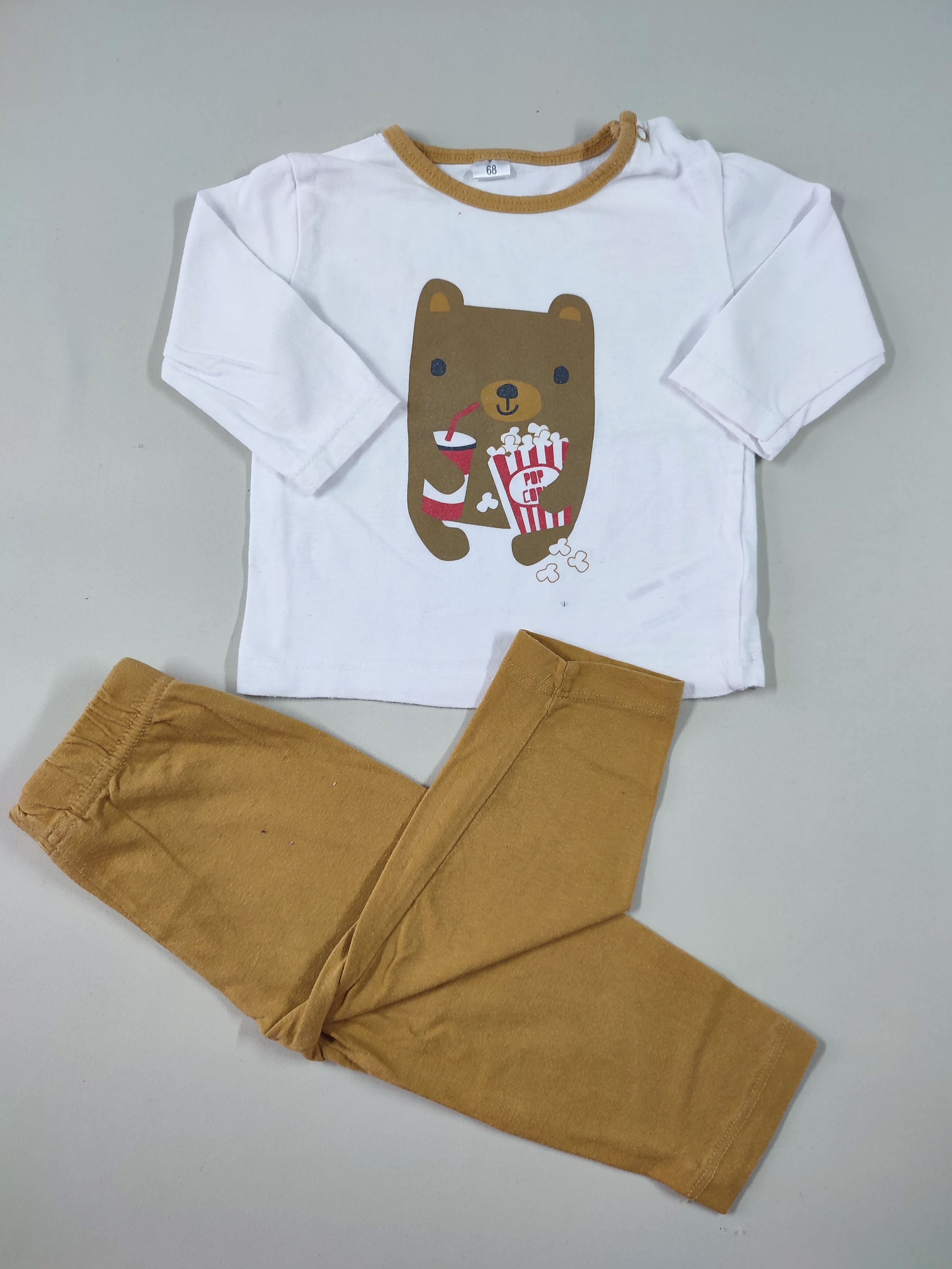 Pyjama 2pcs jersey blanc ours pop corn/pantalon brun