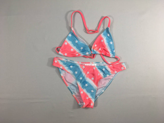 Bikini blanc rayures bleu/rose néon étoiles, moins cher chez Petit Kiwi