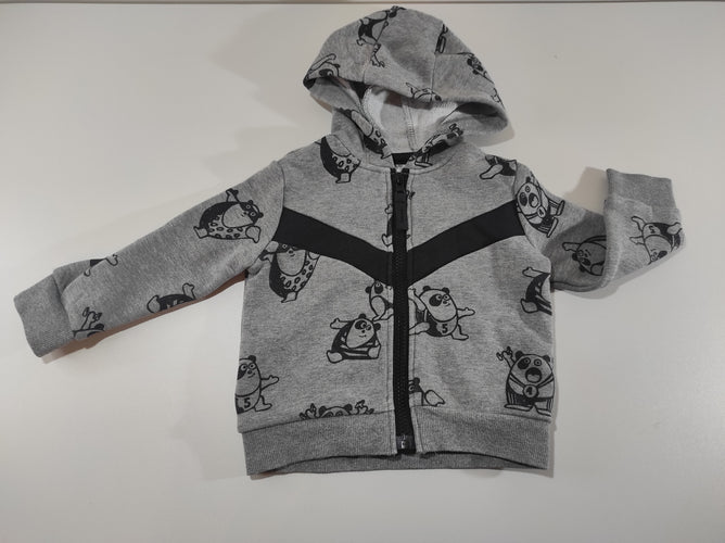 Gilet zippé à capuche gris flammé, motifs pandas noirs . Intérieur polar., moins cher chez Petit Kiwi