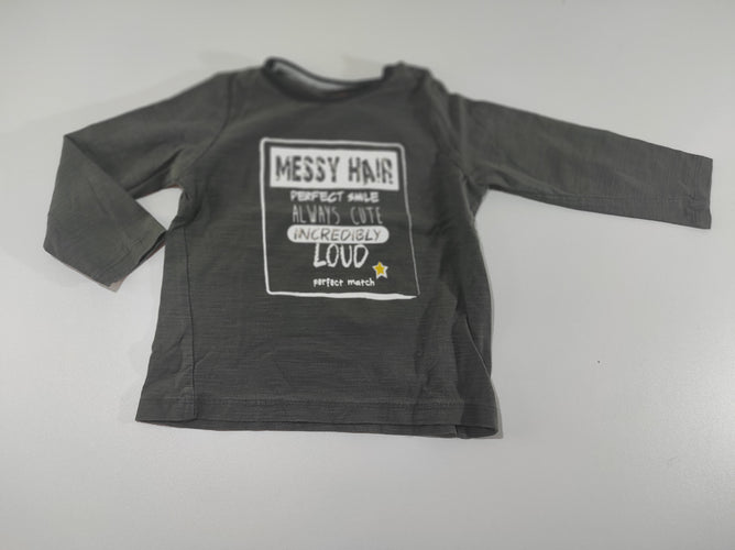 T-shirt m.l en jersey kaki flammé flocage inscriptions blanches "Messy hair, perfect s.mile,...", moins cher chez Petit Kiwi