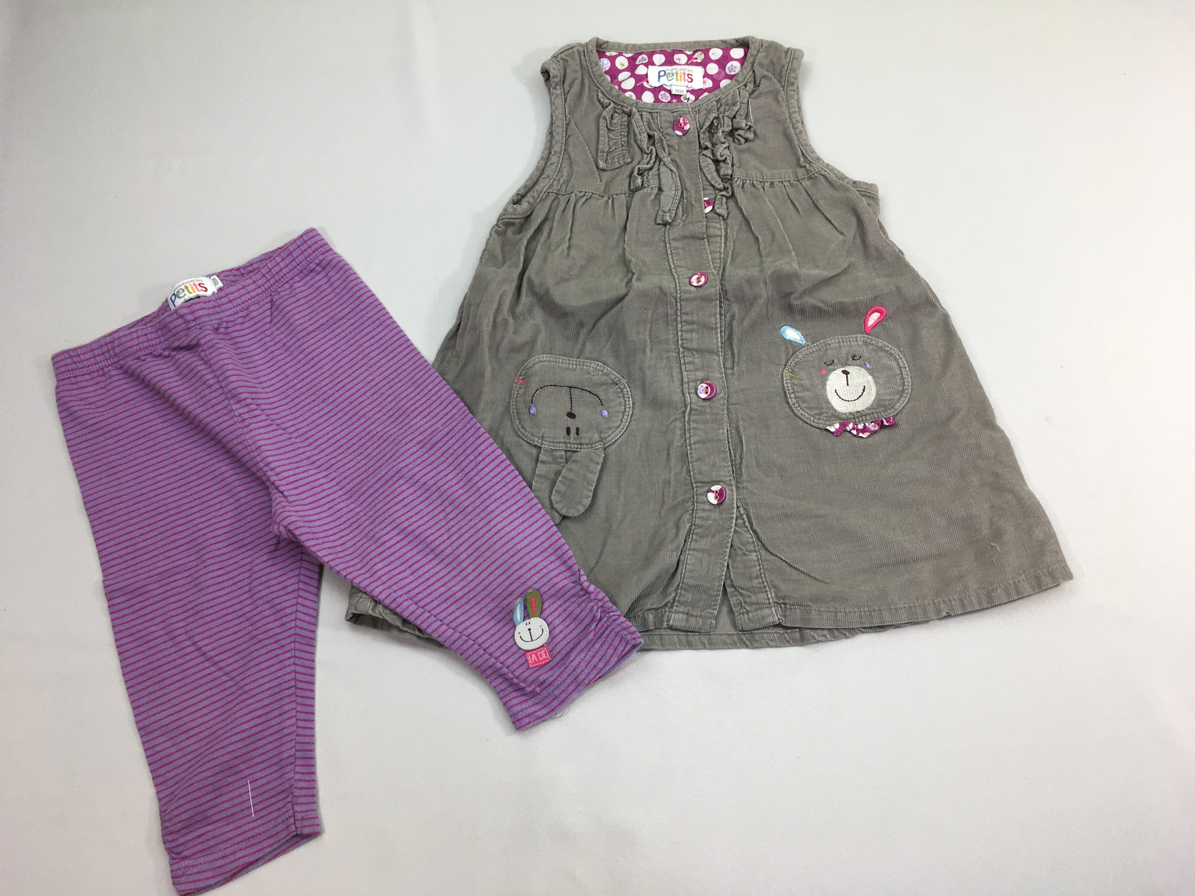 Ensemble robe s.m velours côtelé gris lapin, ours +legging mauve ligné