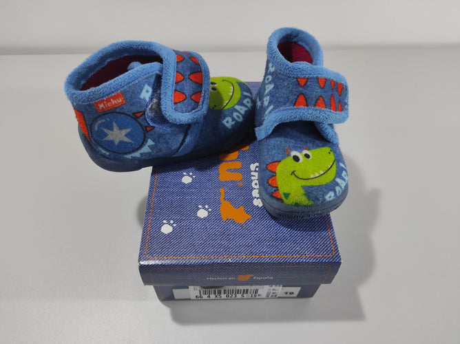 Pantoufles bleues dinosaure  à velcros -19, moins cher chez Petit Kiwi